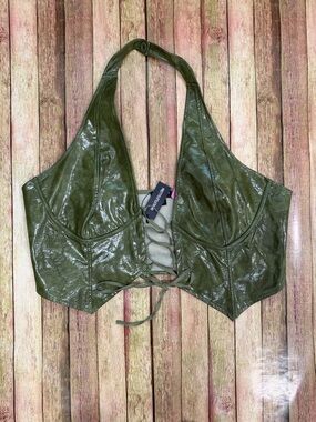 PrettyLittleThing Olive Faux Leather Halter Top | XXL Lace Up Corset Club Baddie